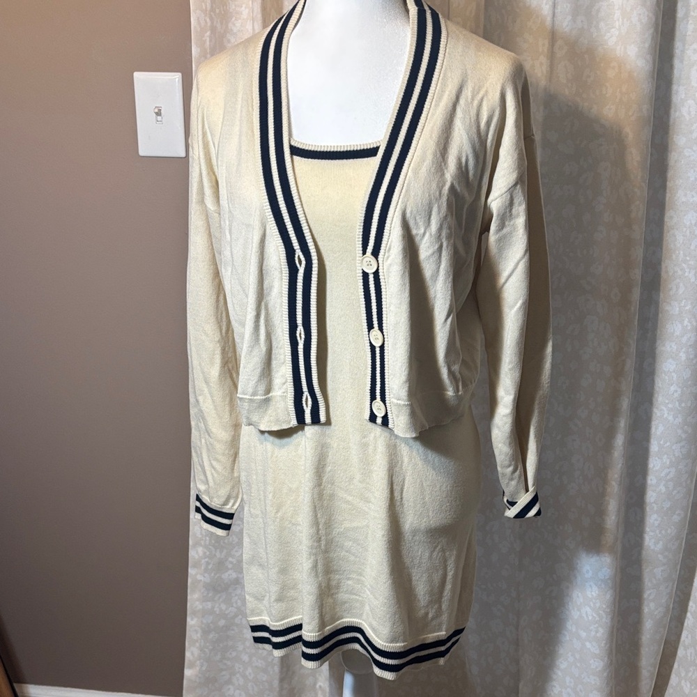 NWOT Cream and Navy Trim Lulus Cardigan and Dress Set Size Small